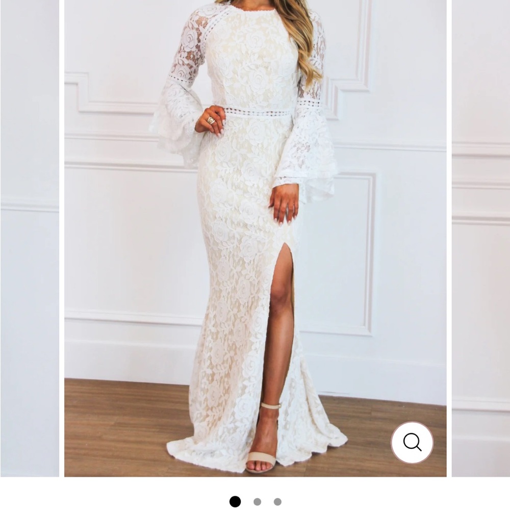 Lace Long-Sleeve White Maxi Dress with Side Slit